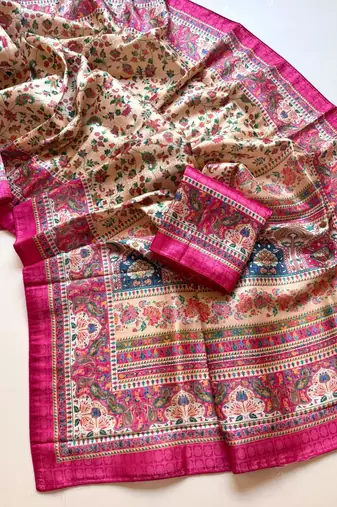 cream printed pasmina print with dori silk saree