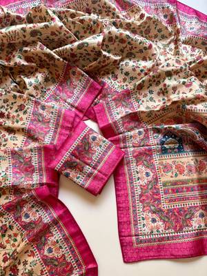 cream printed pasmina print with dori silk saree 4