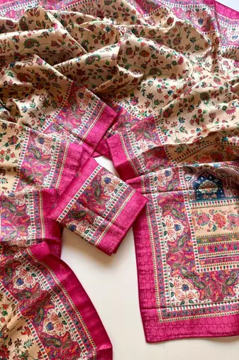 cream printed pasmina print with dori silk saree