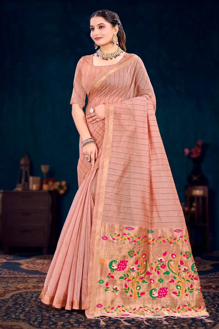 peach woven cotton saree with blouse