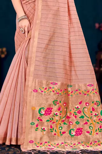 peach woven cotton saree with blouse