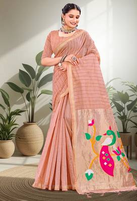 peach woven cotton saree with blouse 1
