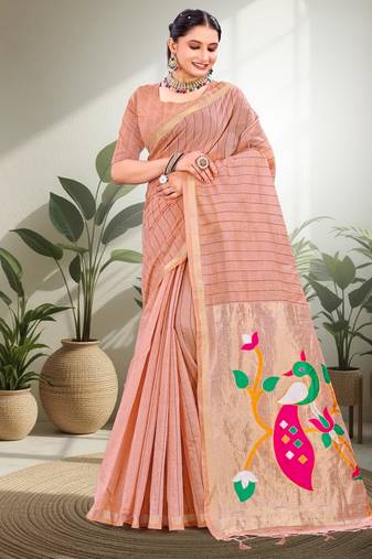 peach woven cotton saree with blouse