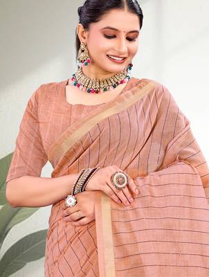peach woven cotton saree with blouse 2