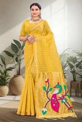 yellow woven cotton saree with blouse 1