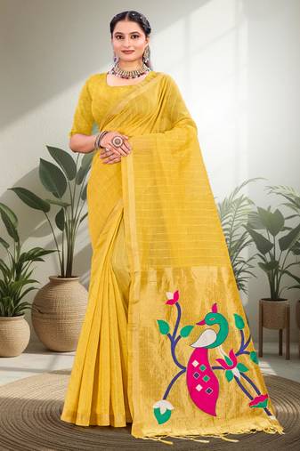 yellow woven cotton saree with blouse