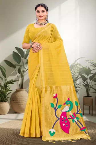 yellow woven cotton saree with blouse