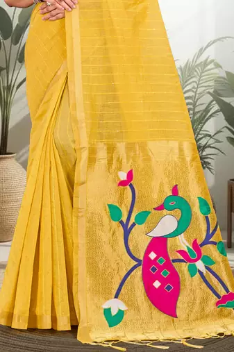 yellow woven cotton saree with blouse
