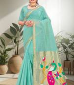 blue woven cotton saree with blouse