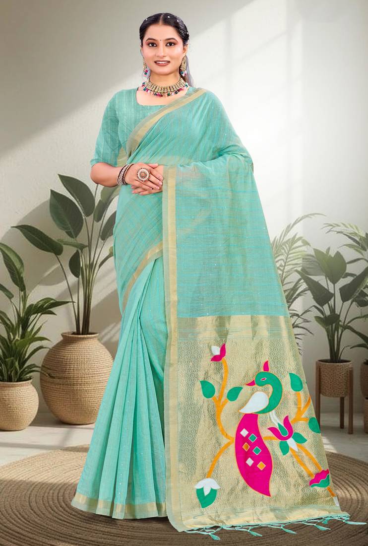 blue woven cotton saree with blouse