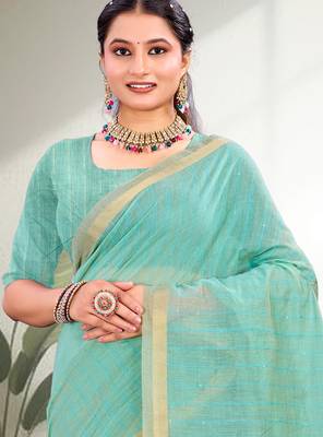 blue woven cotton saree with blouse 2