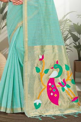 blue woven cotton saree with blouse 3
