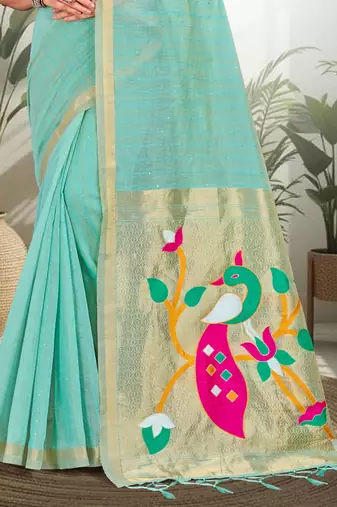 blue woven cotton saree with blouse