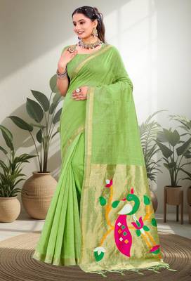 green woven cotton saree with blouse 1
