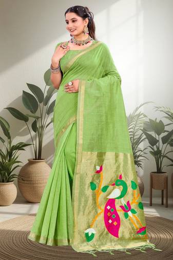 green woven cotton saree with blouse