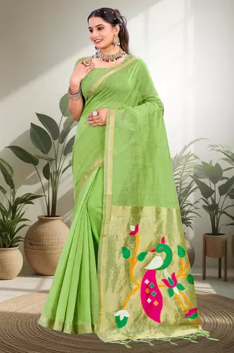 green woven cotton saree with blouse