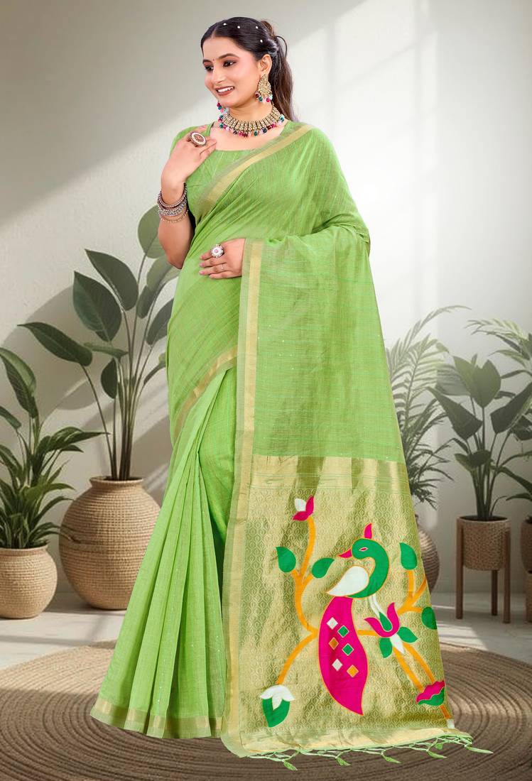 green woven cotton saree with blouse