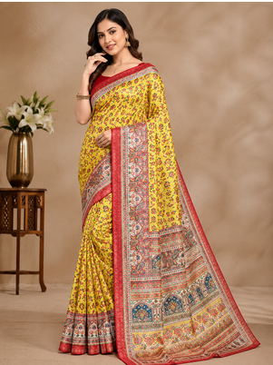 yellow printed pasmina print with dori silk saree 1