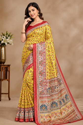 yellow printed pasmina print with dori silk saree