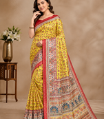 yellow printed pasmina print with dori silk saree