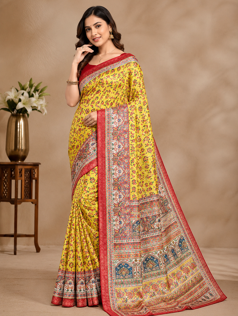 yellow printed pasmina print with dori silk saree