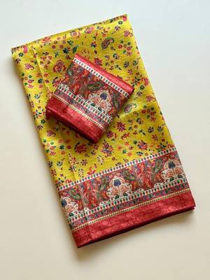 yellow printed pasmina print with dori silk saree 2