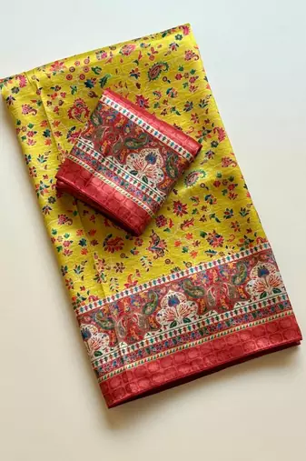yellow printed pasmina print with dori silk saree