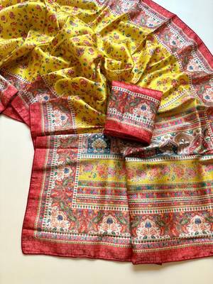 yellow printed pasmina print with dori silk saree 3
