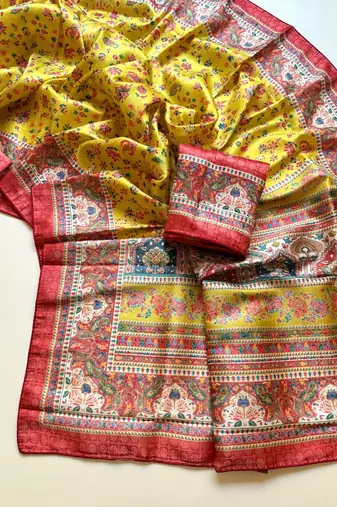 yellow printed pasmina print with dori silk saree