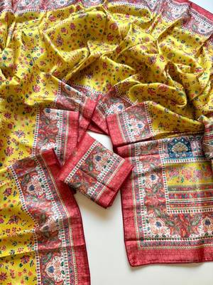 yellow printed pasmina print with dori silk saree 4