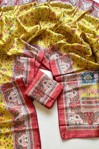 yellow printed pasmina print with dori silk saree