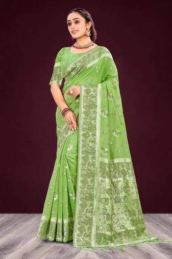 green woven cotton saree with blouse