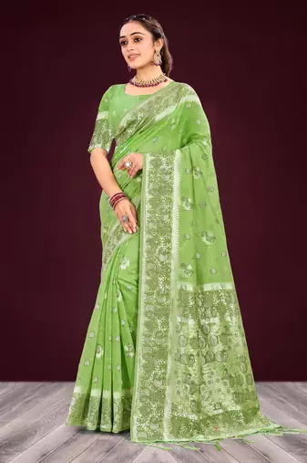 green woven cotton saree with blouse