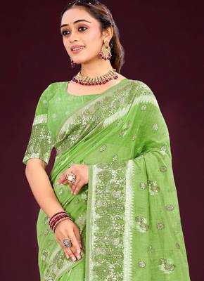 green woven cotton saree with blouse 2
