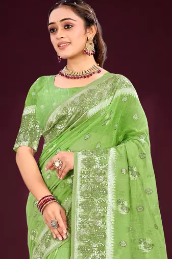 green woven cotton saree with blouse