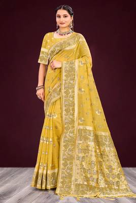 mustard woven cotton saree with blouse 1