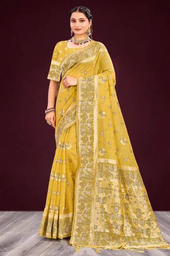 mustard woven cotton saree with blouse