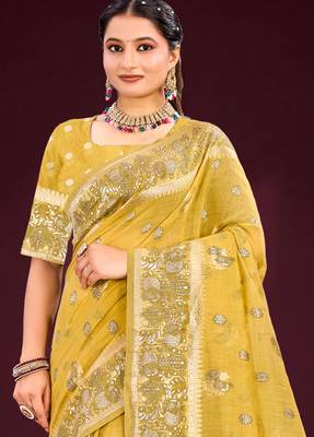 mustard woven cotton saree with blouse 2