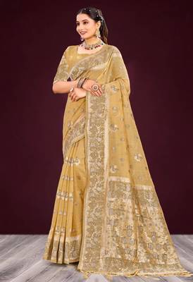 gold woven cotton saree with blouse 1