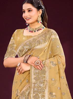 gold woven cotton saree with blouse 2