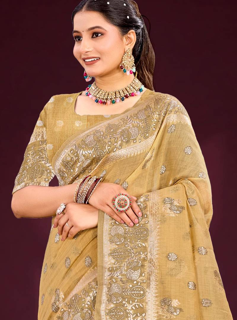 gold woven cotton saree with blouse