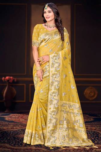 mustard woven cotton saree with blouse
