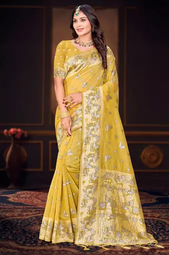 mustard woven cotton saree with blouse