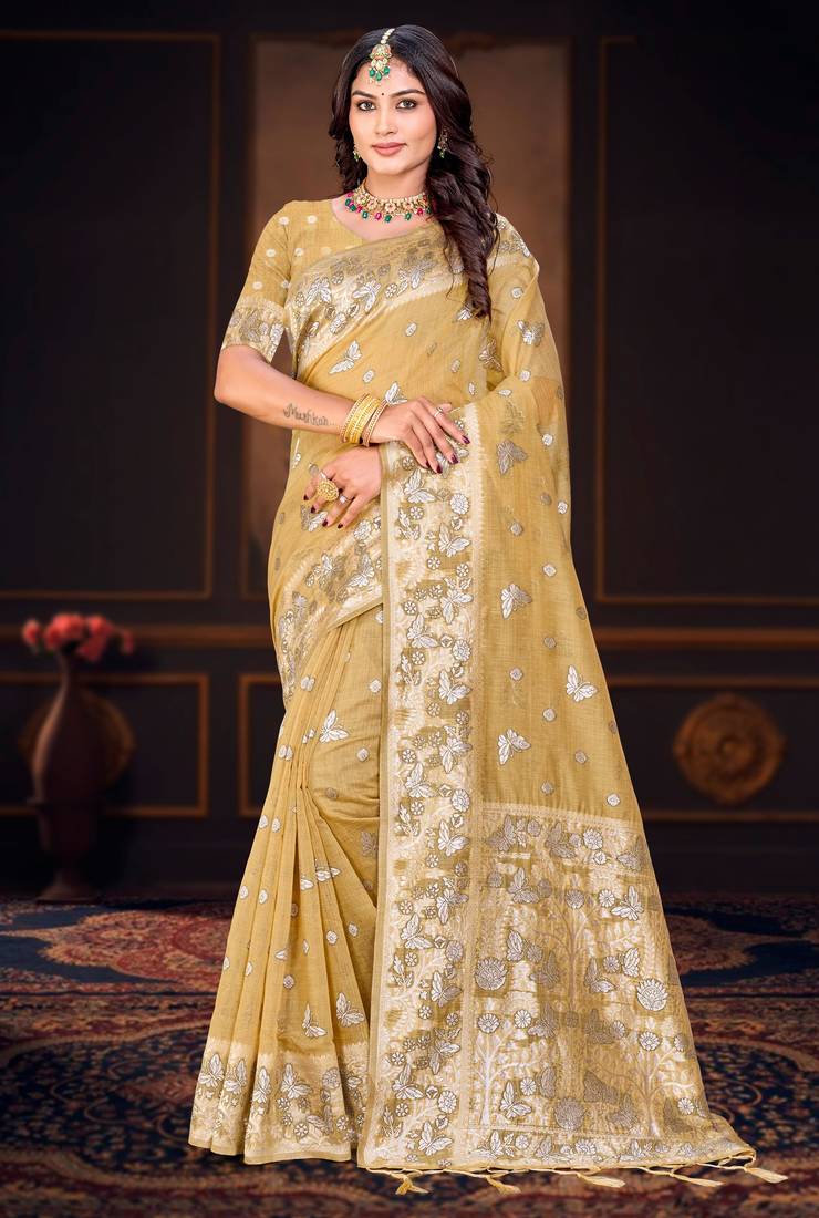 mustard woven cotton saree with blouse