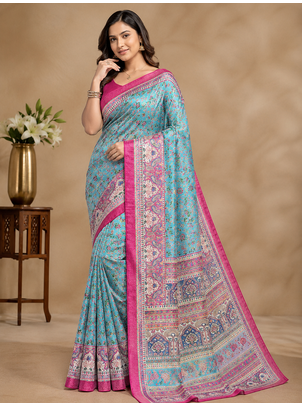 sku blue printed pasmina print with dori silk saree 1