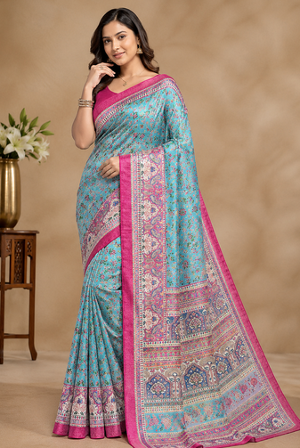 sku blue printed pasmina print with dori silk saree