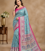 sku blue printed pasmina print with dori silk saree