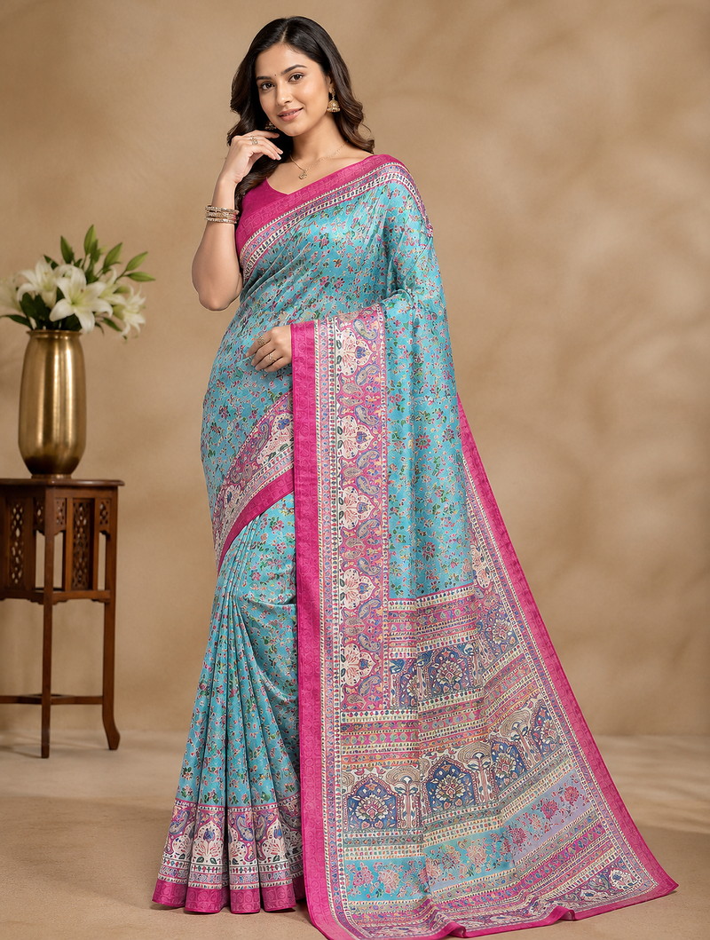 sku blue printed pasmina print with dori silk saree