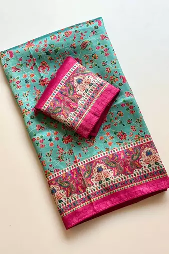 sku blue printed pasmina print with dori silk saree