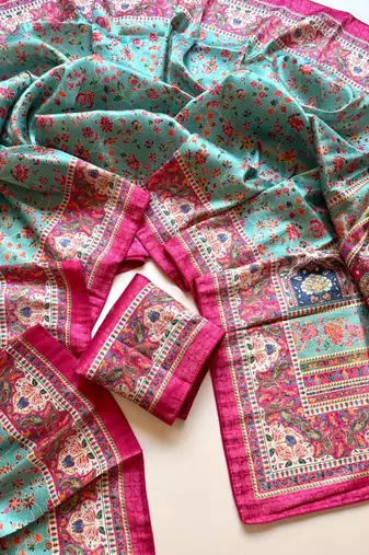 sku blue printed pasmina print with dori silk saree